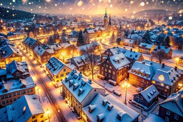 Naklejka premium Aerial view of a snowy city celebrating New Year's, filled with festive decorations, cozy vibes, and magical lights, creating an enchanting urban winter atmosphere.