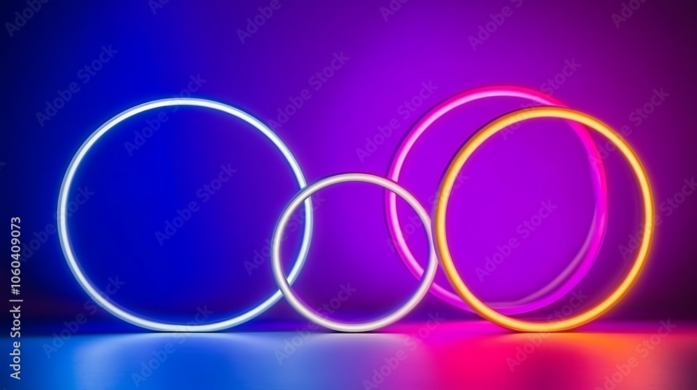 Poster neon circle lights for design subtle blur background with space for custom text