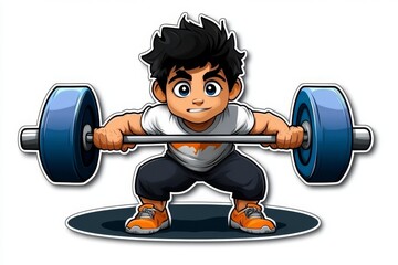 a 2D cartoon illustration of a person lifting a barbell for deadlifts focused and strong white background