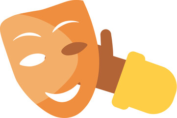 Vector illustration of a hand holding a smiling mask in a flat cartoon style. The mask radiates joy and mischief, evoking the playful spirit of French comedy. The illustration is suitable for web desi
