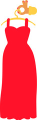 Vector illustration of a hand holding a hanger with a crimson dress in a flat cartoon style. Glamour and sophistication of French haute couture, French fashion festivals. The classic and timeless styl