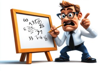 a 2D cartoon illustration of a teacher drawing on a whiteboard explaining math clear and educational white background