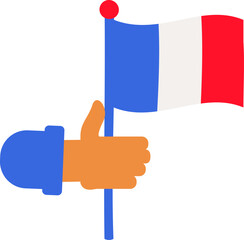 Vector illustration of a hand holding a French flag in a flat cartoon style. Rich cultural heritage, the Culture and Patriotism Festival. Celebration of french history, traditions, and values. French 