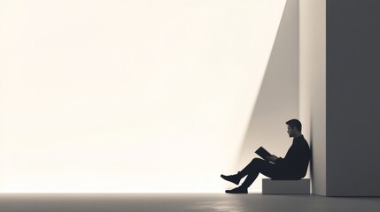 Obraz premium A man sits alone reading a book in a minimalist setting.