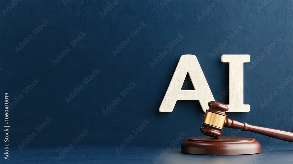 Poster exploring the intersection of artificial intelligence and law with a realistic gavel beside the term