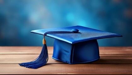 Blue graduation cap on wooden table