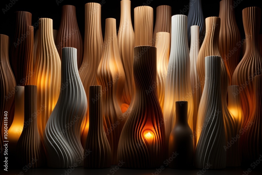 Poster a collection of elegantly designed vases in various shapes and colors, softly illuminated.