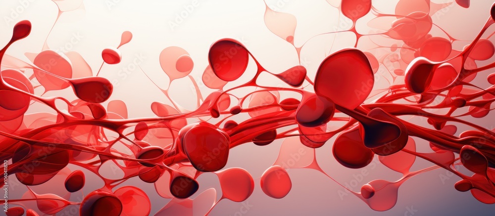 Poster abstract red shapes resembling blood cells and vessels, creating a dynamic visual flow.
