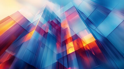 Abstract Glass Architecture in Motion Blur with Overlapping Blue Shapes Against a Gradient Background