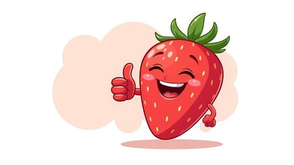 Strawberry shows thumbs up on a white background.