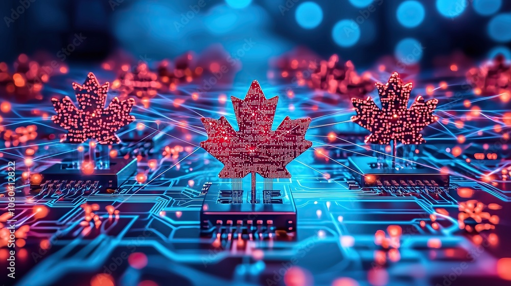 Poster digital representation of canadian maple leaves on circuit board