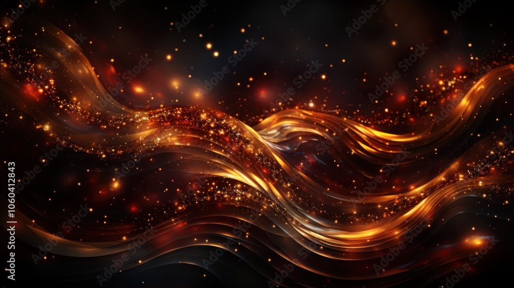 Poster abstract waves of shimmering gold and orange with sparkling particles on a dark background.