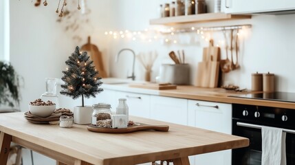 Minimalistic kitchen interior with wooden countertops and table, featuring small Christmas tree decoration and food jars, illuminated by string lights