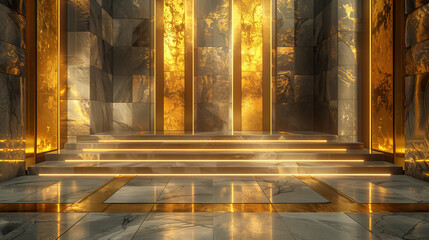 Luxurious brown marble stage with golden lines for product display	
