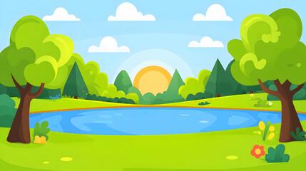 Obraz premium A picturesque landscape with a lake, trees, and a sunny sky.