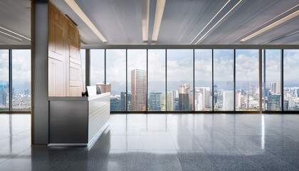 Clean office corridor with panoramic windows, city view, reception desk and daylight. 3D Rendering.
