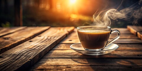 Obraz premium A Glass Mug of Steaming Coffee Resting on a Weathered Wooden Table Against the Warm Glow of Sunset