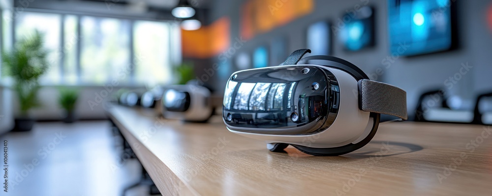 Poster a close-up of a virtual reality headset on a table in a modern tech workspace.