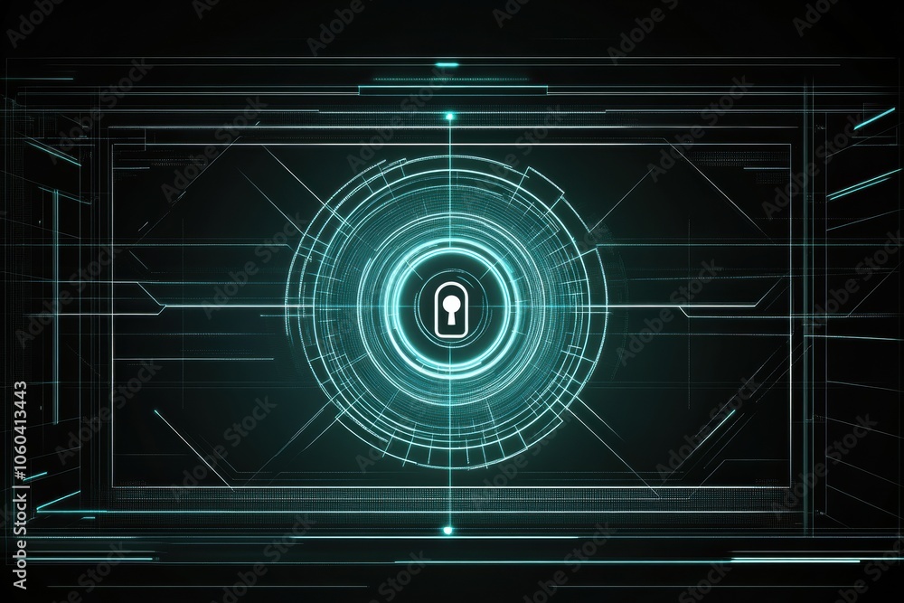 Aufkleber The computer screen displays a high-tech design with a prominent central lock icon symbolizing enhanced security measures for data protection. Generative AI