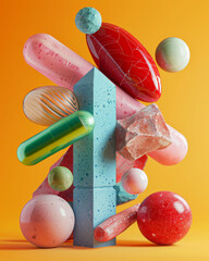 Colorful abstract composition featuring various geometric shapes and textures, including spheres...