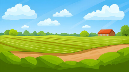 A scenic countryside landscape with a dirt road leading to a small house in the distance, under a blue sky with white clouds.