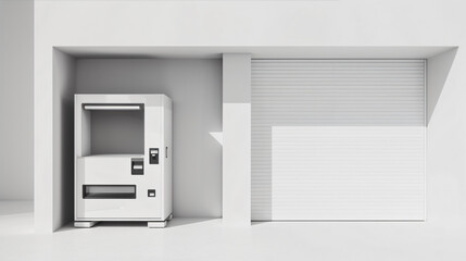 Monochromatic automated vending machine with 3D rendering of snacks and beverages, featuring an empty display and push-button system.