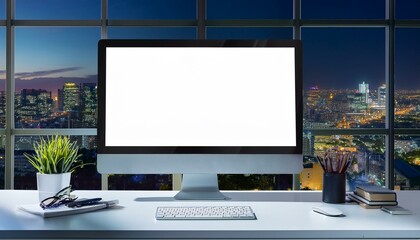 Naklejka premium Close up of designer office desktop with empty white computer monitor, window with night city view, decorative items and supplies. Mock up, 3D Rendering.