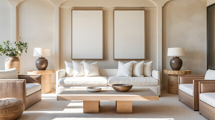 Fototapeta premium Blank horizontal poster frame mock up in scandinavian style living room interior, modern living room interior background, beige sofa and pampas grass, 3d rendering