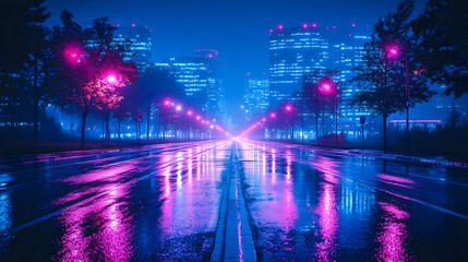 Obraz premium Rainy Night Cityscape with Pink Neon Lights - Digital Illustration