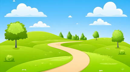 Obraz premium A winding path through a grassy field with rolling hills and a clear blue sky.