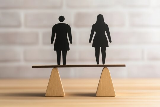 A balance concept illustrating equality between a man and a woman, symbolizing gender parity in society.