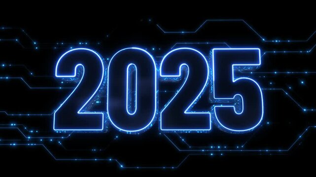 Digital Data moving on Circuit Board and CPU in form of 2025 new year digits. Abstract high tech Artificial intelligence (AI), data mining, modern computer technology surface. Cyber new year congrats