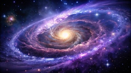 Obraz premium A cosmic spiral galaxy, swirling in vibrant hues of purple and blue, with twinkling stars scattered across the vast expanse of space.