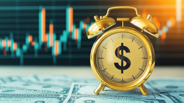 Gold alarm clock with dollar sign on banknotes, symbolizing time is money and financial planning.