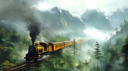 Fototapeta premium Train Through Misty Mountains - Illustration