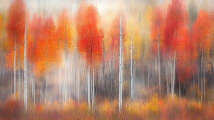 A misty forest with tall trees in vibrant autumn colors.