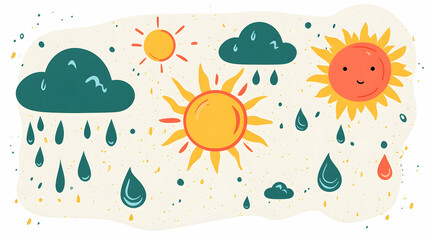 Cartoon weather illustration with sun, rain clouds and raindrops.