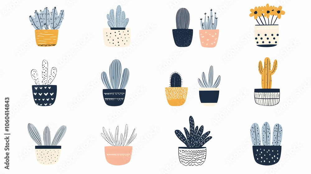 Poster collection of 12 colorful potted plants with various shapes and patterns.