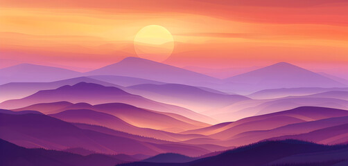 Fototapeta premium Abstract Purple hills and Sunset flat illustration