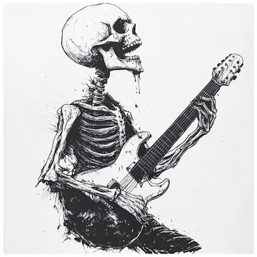 Electric Skeleton: The Eternal Rock Spirit with Stratocaster in Black and White Illustration