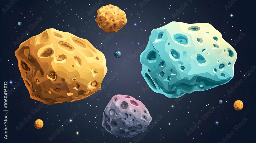 Aufkleber five colorful asteroids float in space against a dark background with stars.
