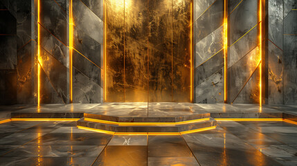 Luxurious brown marble stage with golden lines for product display	
