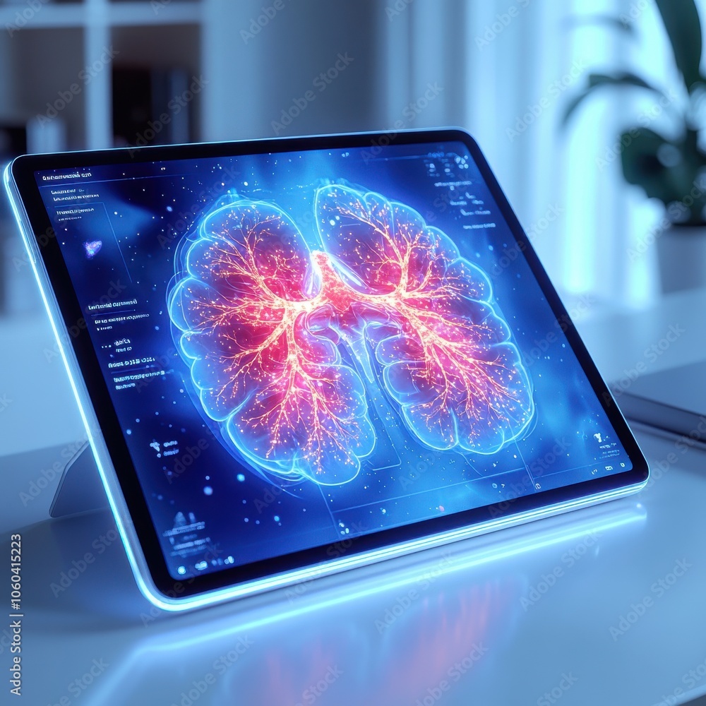 Poster a tablet displays a graphic of a lung with red and blue lines. generative ai