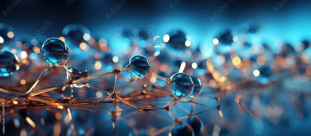Poster a close-up view of interconnected droplets and fibers, showcasing molecular structures.