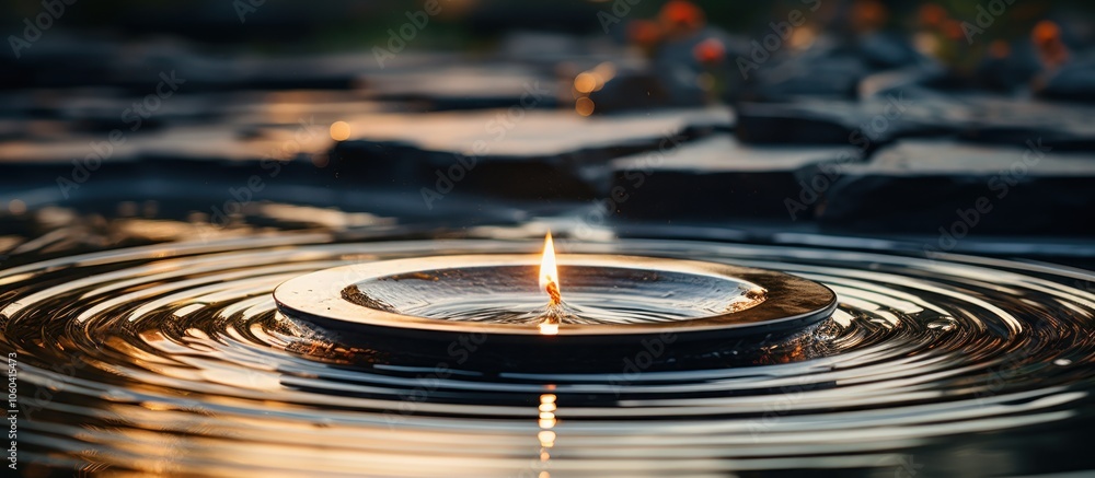 Poster a serene scene featuring a floating candle on water, creating ripples and a tranquil atmosphere.