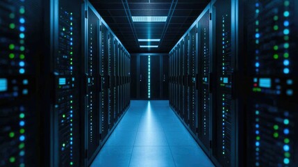 Fototapeta premium Modern data center aisle with server racks, illuminated by blue LED lights, showcasing advanced technology and network infrastructure.