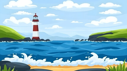 Red and white lighthouse on a rocky shore with blue water and a cloudy sky.