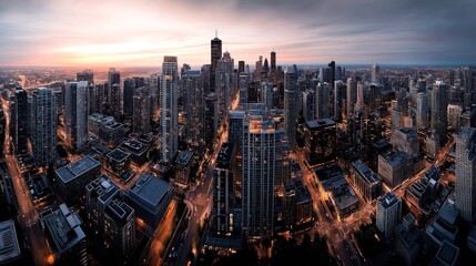 Obraz premium Aerial view of a vast urban cityscape at dusk with numerous skyscrapers and illuminated streets under a colorful sunset sky, highlighting the city's architecture and layout.