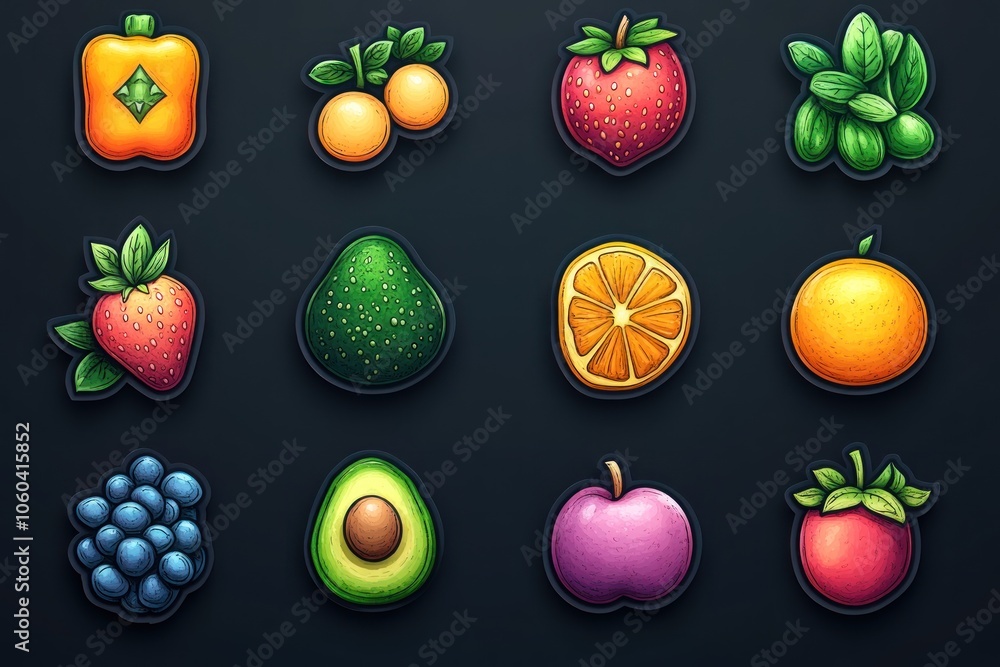 Poster a collection of colorful fruit icons arranged in a grid on a dark background.