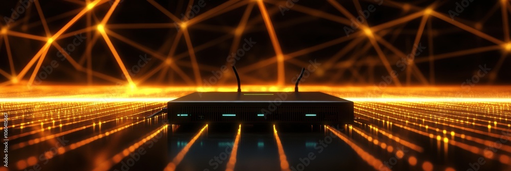 Aufkleber network cables connect to a central router, with glowing lines radiating around it, showcasing a vib